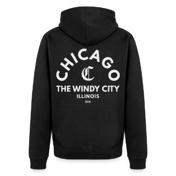 Chicago Windy City Emblem - Unisex Premium Bio Zip Hoodie - Schwarz - Hinten - Nico (187cm)