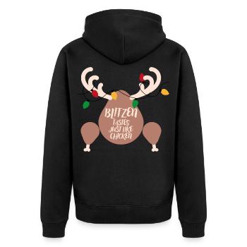 Dekorierter Oberschenkel: Hähnchengeschmack - Unisex Premium Bio Zip Hoodie - Schwarz - Hinten - Nico (187cm)