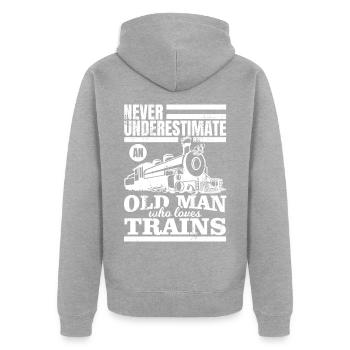 Ne sous-estimez jamais un vieil amateur de trains - Veste à capuche bio Premium Unisexe - gris chiné - Dos - Nico (187cm)