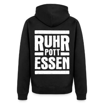 Ruhrpott Essen Motiv Weiß - Unisex Premium Bio Zip Hoodie - Schwarz - Hinten - Nico (187cm)