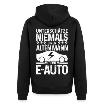Unterschätze niemals einen Alten Mann mit E-Auto - Unisex Premium Bio Zip Hoodie - Schwarz - Hinten - Nico (187cm)
