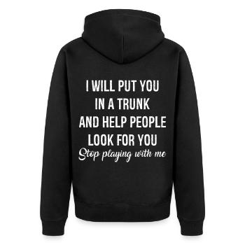 Ich werde dich in ein lustiges T-Shirt stecken - Unisex Premium Bio Zip Hoodie - Schwarz - Hinten - Nico (187cm)