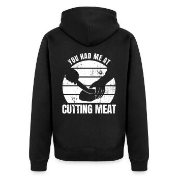 Witziges Metzger Zitat - Unisex Premium Bio Zip Hoodie - Schwarz - Hinten - Nico (187cm)