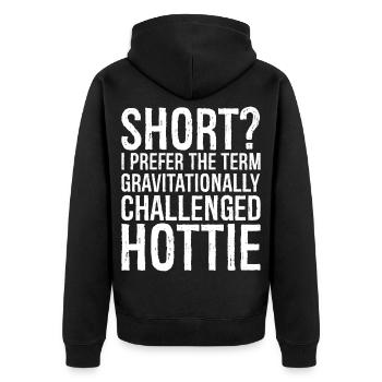 kurz: Ich bevorzuge den Begriff gravitativ komisch - Unisex Premium Bio Zip Hoodie - Schwarz - Hinten - Nico (187cm)