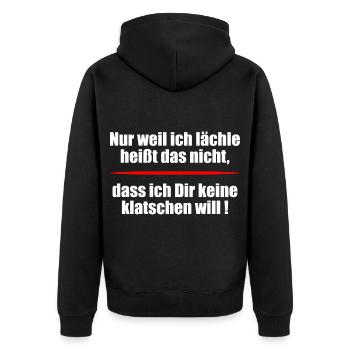 Nur weil ich lächle heißt das nicht - Unisex Premium Bio Zip Hoodie - Schwarz - Hinten - Nico (187cm)