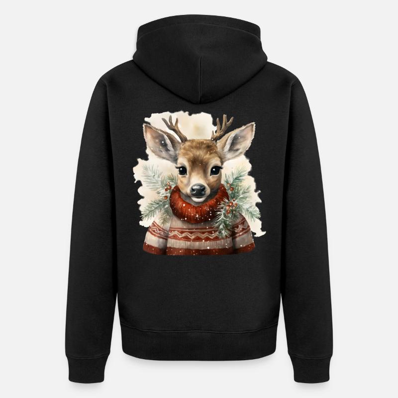 Hirsch im Winterpullover - Unisex Premium Bio Zip Hoodie - Schwarz