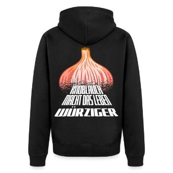 Kräftige Knoblauchgrafik mit fetter Typo - Unisex Premium Bio Zip Hoodie - Schwarz - Hinten - Nico (187cm)