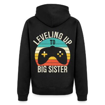 Auf dem Weg zur großen Schwester - Unisex Premium Bio Zip Hoodie - Schwarz - Hinten - Nico (187cm)