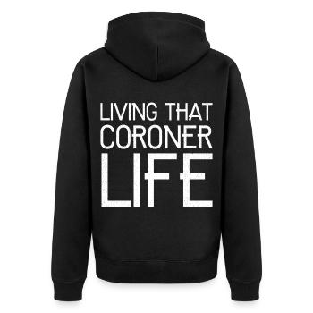 Das Leben als Leichenbeschauer lustig zu leben - Unisex Premium Bio Zip Hoodie - Schwarz - Hinten - Nico (187cm)