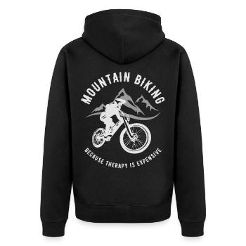 Lustiges Mountainbiken Zitat Therapie - Unisex Premium Bio Zip Hoodie - Schwarz - Hinten - Nico (187cm)