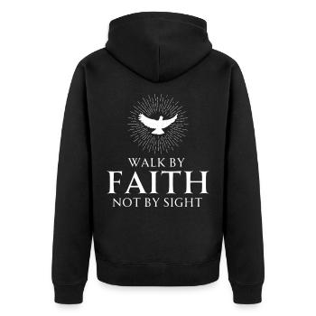 Religiöses Bibelzitat: Wandele im Glauben, nicht durch das Sehen - Unisex Premium Bio Zip Hoodie - Schwarz - Hinten - Nico (187cm)