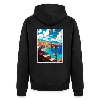 Küstendorf Kreta Griechenland Illustration Szene - Unisex Premium Bio Zip Hoodie - Schwarz - Hinten - Nico (187cm)