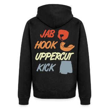 Jab Hook Uppercut Kick - Unisex Premium Bio Zip Hoodie - Schwarz - Hinten - Nico (187cm)