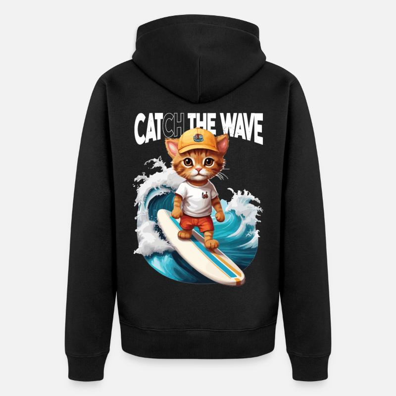 Chat Surfeur Attrape la Vague - Veste à capuche bio Premium Unisexe - noir