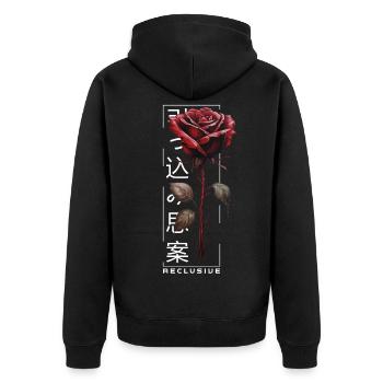 Reclusive Rose Japanische Schrift Edgy Aesthetic - Unisex Premium Bio Zip Hoodie - Schwarz - Hinten - Nico (187cm)