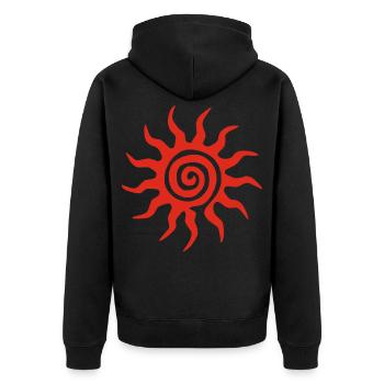 Spirale Rote Sonne - Unisex Premium Bio Zip Hoodie - Schwarz - Hinten - Nico (187cm)