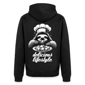 Pelmeni Sloth Delicious Lifestyle Chef Gesche - Unisex Premium Organic Zip Hoodie - black - Back - Nico (187cm)