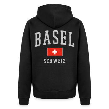 Basel Schweiz Emblem Druck - Unisex Premium Bio Zip Hoodie - Schwarz - Hinten - Nico (187cm)
