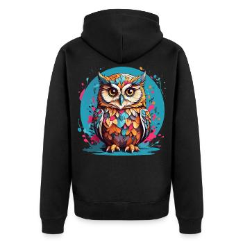 Liebenswerte Eule auf Farbklecksen - Unisex Premium Bio Zip Hoodie - Schwarz - Hinten - Nico (187cm)