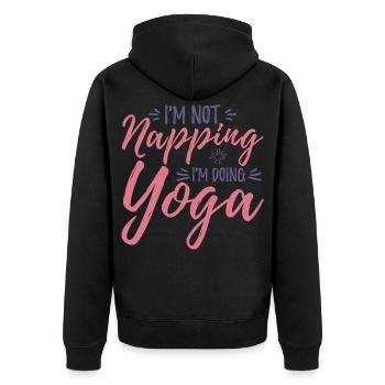 Ich mache Yoga - Unisex Premium Bio Zip Hoodie - Schwarz - Hinten - Nico (187cm)