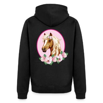 Cheval brun romantique - Fleurs roses - Veste à capuche bio Premium Unisexe - noir - Dos - Nico (187cm)
