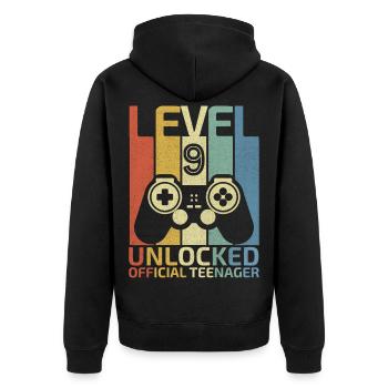 Level 9 Unlocked official teenager - Unisex Premium Organic Zip Hoodie - black - Back - Nico (187cm)