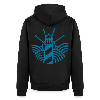 Der blaue Leuchtturm und der Ozean - Unisex Premium Bio Zip Hoodie - Schwarz - Hinten - Nico (187cm)