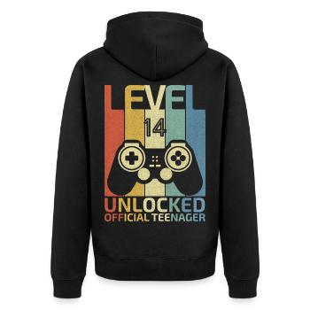 Level 14 Unlocked official teenager - Unisex Premium Organic Zip Hoodie - black - Back - Nico (187cm)