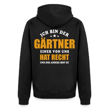 Ich bin der Gärtner - einer von uns hat Recht - Unisex Premium Bio Zip Hoodie - Schwarz - Hinten - Nico (187cm)