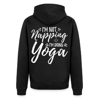 Ich schlafe nicht ich mache Yoga - Unisex Premium Bio Zip Hoodie - Schwarz - Hinten - Nico (187cm)