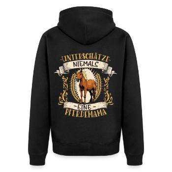 Unterschätze niemals eine Pferdemama – Reiterin - Unisex Premium Bio Zip Hoodie - Schwarz - Hinten - Nico (187cm)