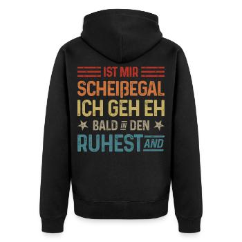 Scheißegal Ich geh eh bald in den Ruhestand - Unisex Premium Bio Zip Hoodie - Schwarz - Hinten - Nico (187cm)