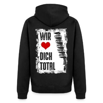 Rostock | Wir lieben dich total | Fussballverein - Unisex Premium Bio Zip Hoodie - Schwarz - Hinten - Nico (187cm)
