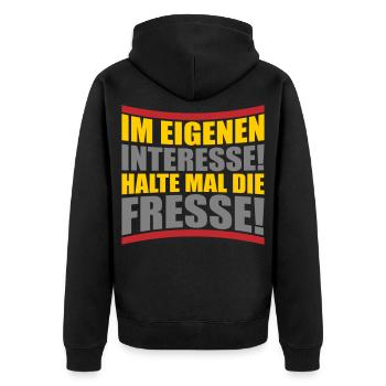 Im eigenen Interesse halte mal die Fresse - Unisex Premium Bio Zip Hoodie - Schwarz - Hinten - Nico (187cm)