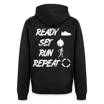 Ready Set Run Repeat - Unisex Premium Bio Zip Hoodie - Schwarz - Hinten - Nico (187cm)