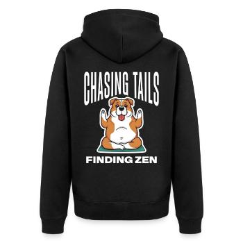 yoga bulldoge spruch chasing tails finding zen - Unisex Premium Bio Zip Hoodie - Schwarz - Hinten - Nico (187cm)
