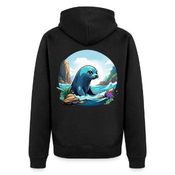 Robbe an der Küste - Unisex Premium Bio Zip Hoodie - Schwarz - Hinten - Nico (187cm)