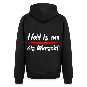 Heid is ma ois wurscht – Bayrischer Spruch - Unisex Premium Bio Zip Hoodie - Schwarz - Hinten - Nico (187cm)