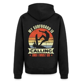 Mein Surfbrett ruft und ich muss gehen - Unisex Premium Bio Zip Hoodie - Schwarz - Hinten - Nico (187cm)