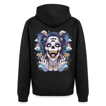 Glitzernder Skelettschädel mit Regenbogen - Unisex Premium Bio Zip Hoodie - Schwarz - Hinten - Nico (187cm)