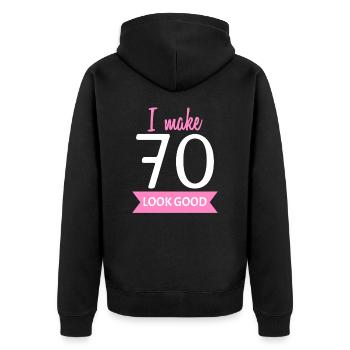 70 Jahre Oma Spruch - Unisex Premium Bio Zip Hoodie - Schwarz - Hinten - Nico (187cm)