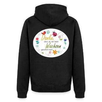 Spruch Kita-Abschied - Danke - bunte Blumen  - Unisex Premium Bio Zip Hoodie - Schwarz - Hinten - Nico (187cm)