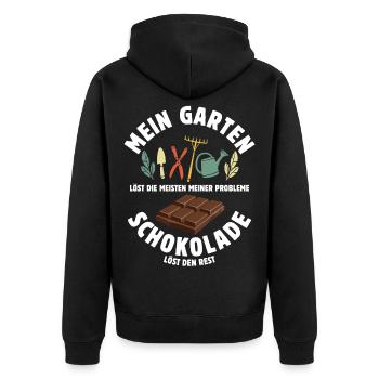 Mein Garten löst meine Probleme - Schoko Spruch - Unisex Premium Bio Zip Hoodie - Schwarz - Hinten - Nico (187cm)