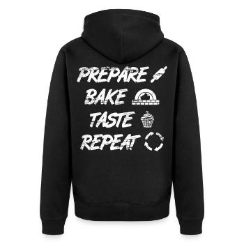 Prepare, Bake, Taste, Repeat - Unisex Premium Organic Zip Hoodie - black - Back - Nico (187cm)