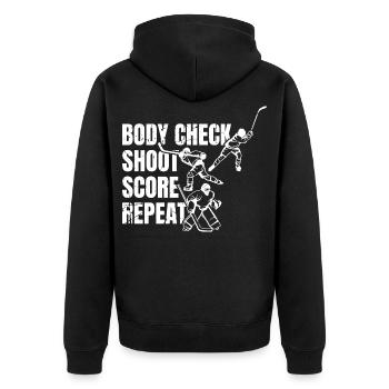 Body Check Shoot Score Repeat - Unisex Premium Bio Zip Hoodie - Schwarz - Hinten - Nico (187cm)