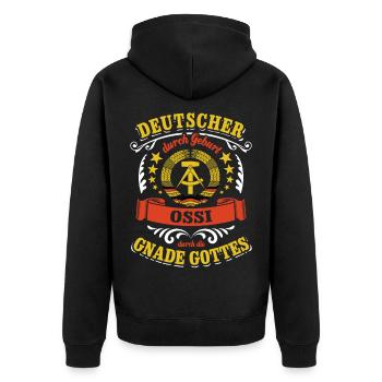 Deutscher durch Geburt Ossi durch die Gnade Gottes - Unisex Premium Bio Zip Hoodie - Schwarz - Hinten - Nico (187cm)