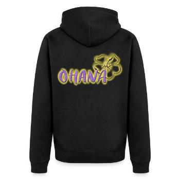 Ohana Hibiskus Blumen Neon-Lila Logo - Unisex Premium Bio Zip Hoodie - Schwarz - Hinten - Nico (187cm)