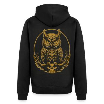 Mystische Eule sitzt auf einem Skull - Unisex Premium Bio Zip Hoodie - Schwarz - Hinten - Nico (187cm)