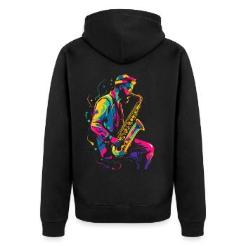 Look saxophoniste des années 90 - Veste à capuche bio Premium Unisexe - noir - Dos - Nico (187cm)