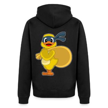 Ente Bandit Geldsack - Unisex Premium Bio Zip Hoodie - Schwarz - Hinten - Nico (187cm)